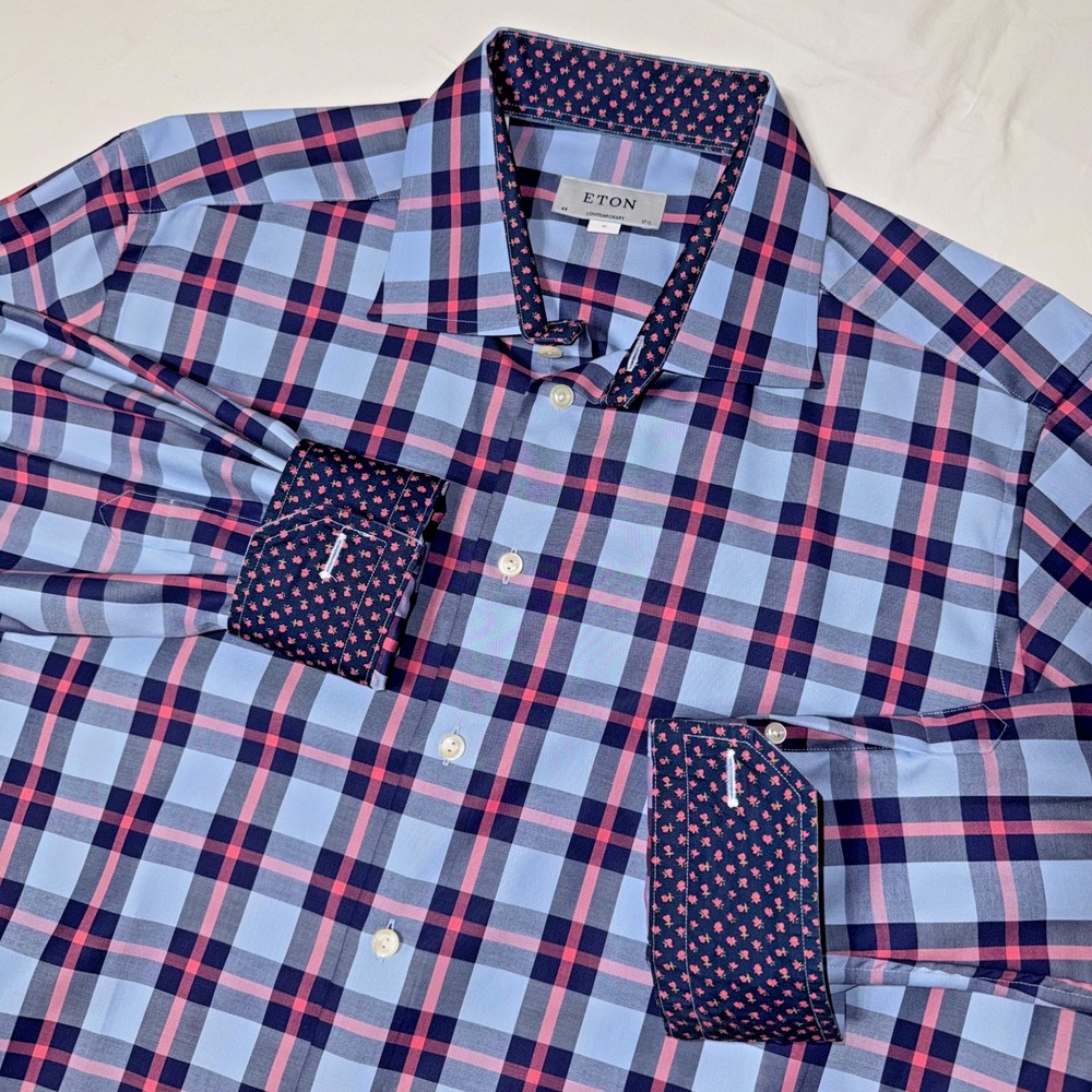 ETON Cambridge Contemporary Plaid Dress Shirt Floral Flip Cuffs Mens Size XL